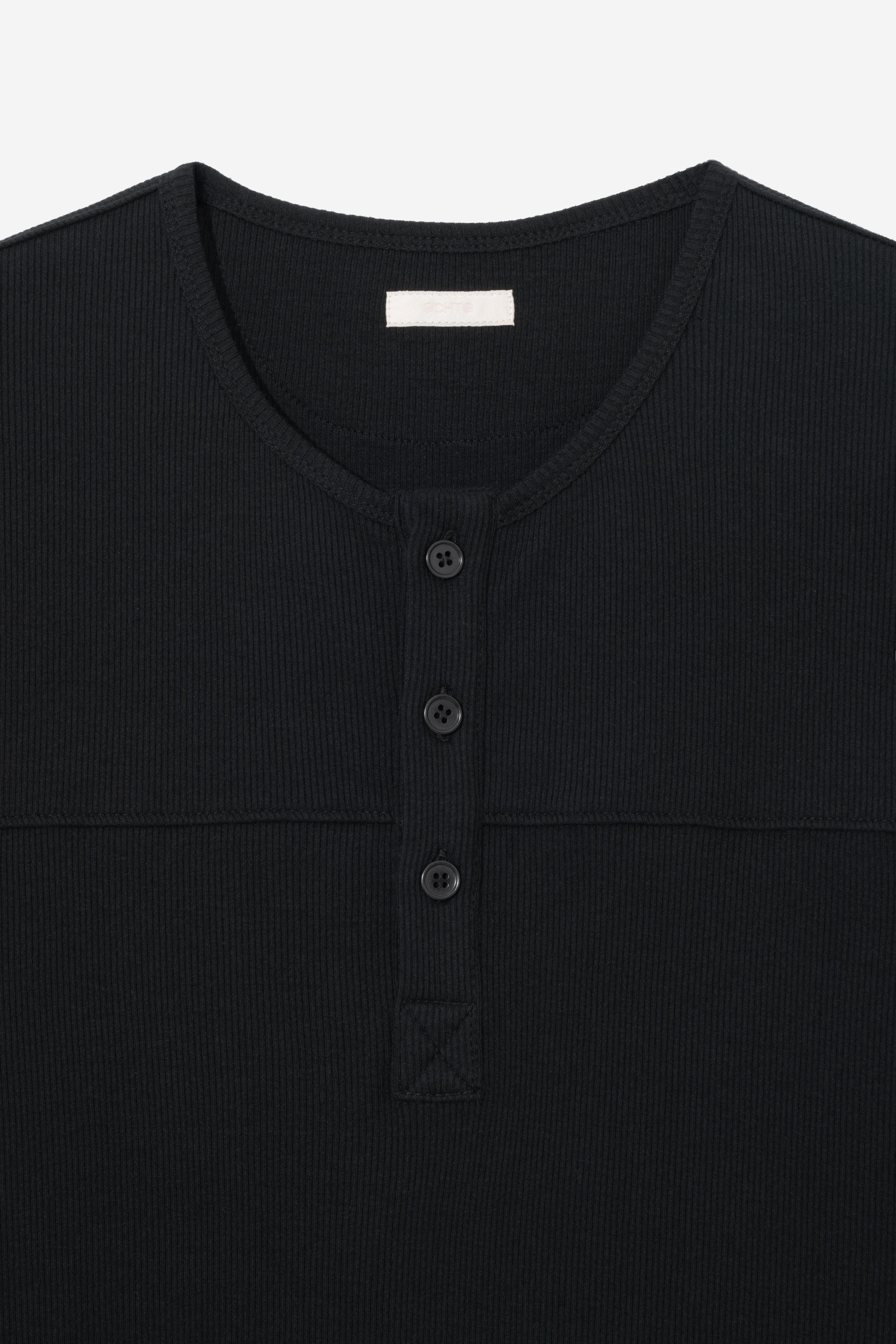 Fine Ribbed Henley T-Shirt - Black