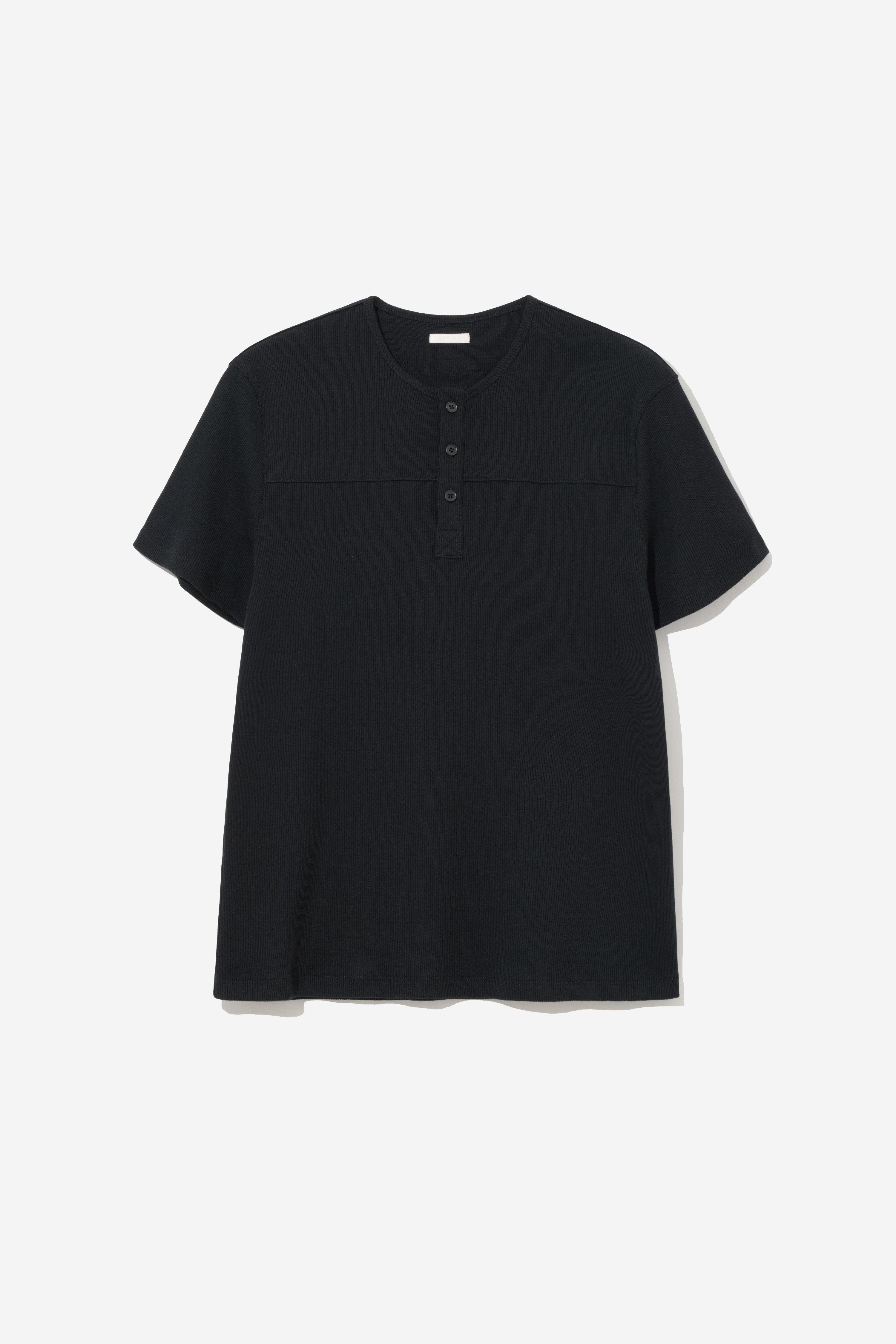 Fine Ribbed Henley T-Shirt - Black