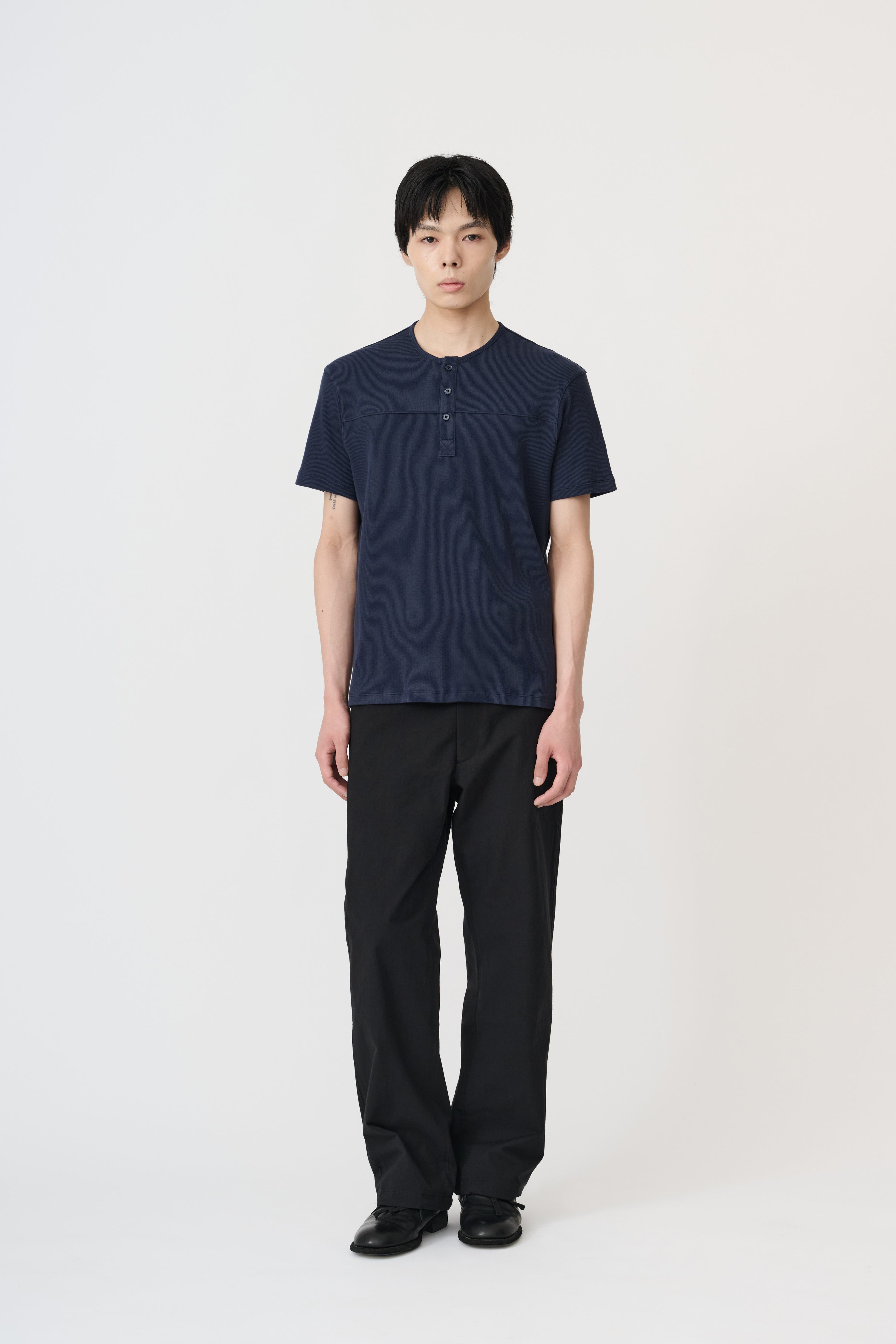 Fine Ribbed Henley T-Shirt - Navy