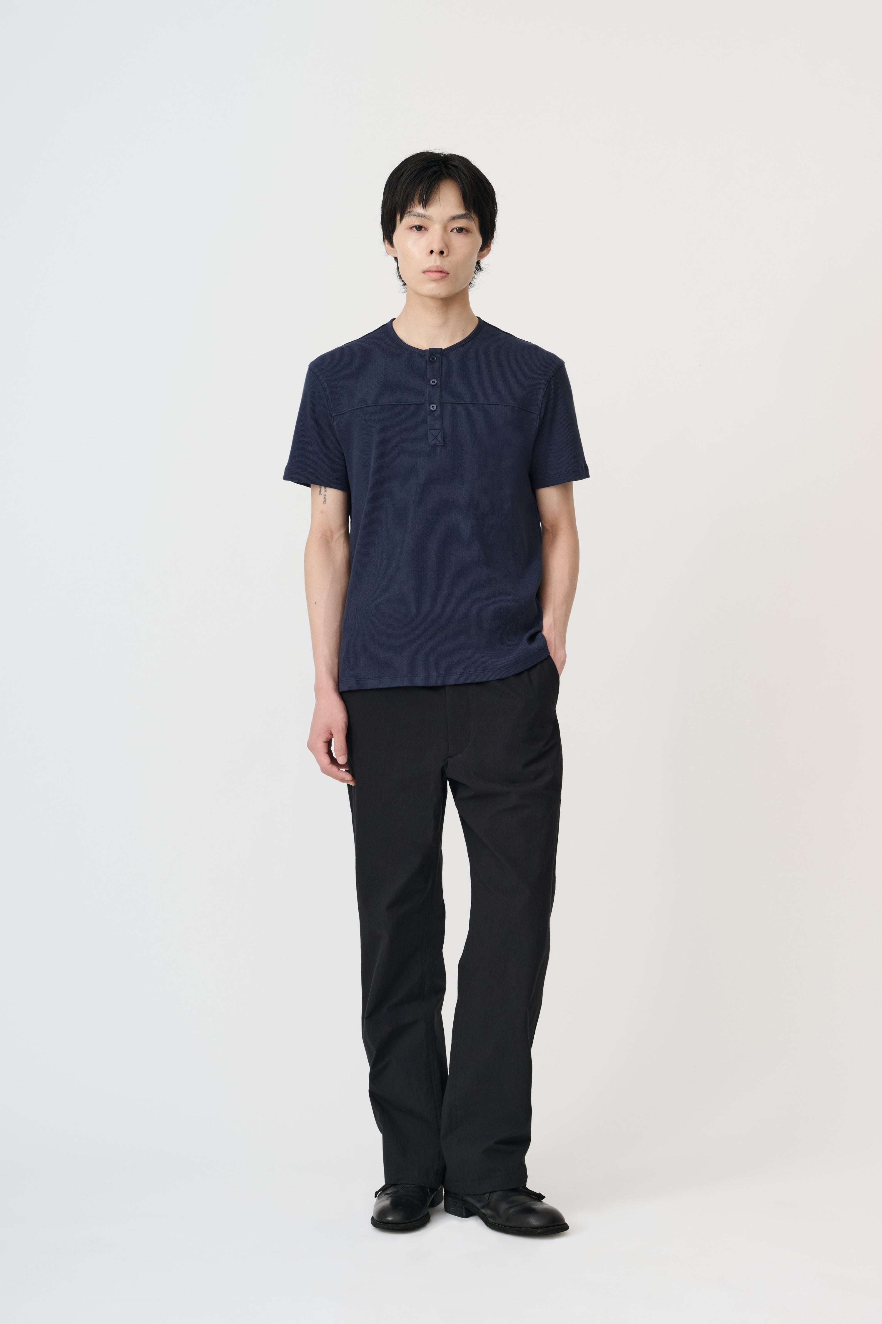 Fine Ribbed Henley T-Shirt - Navy