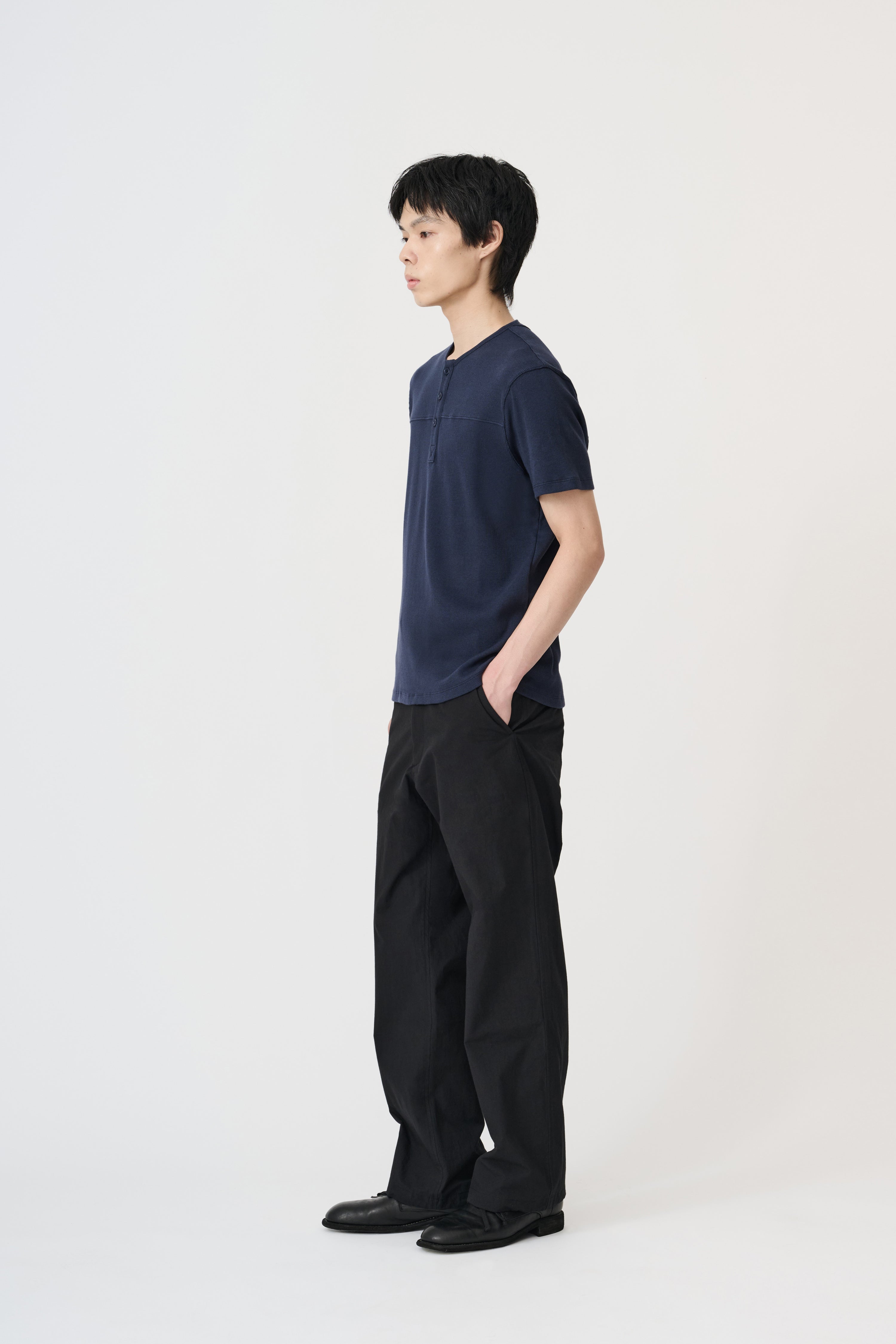 Fine Ribbed Henley T-Shirt - Navy