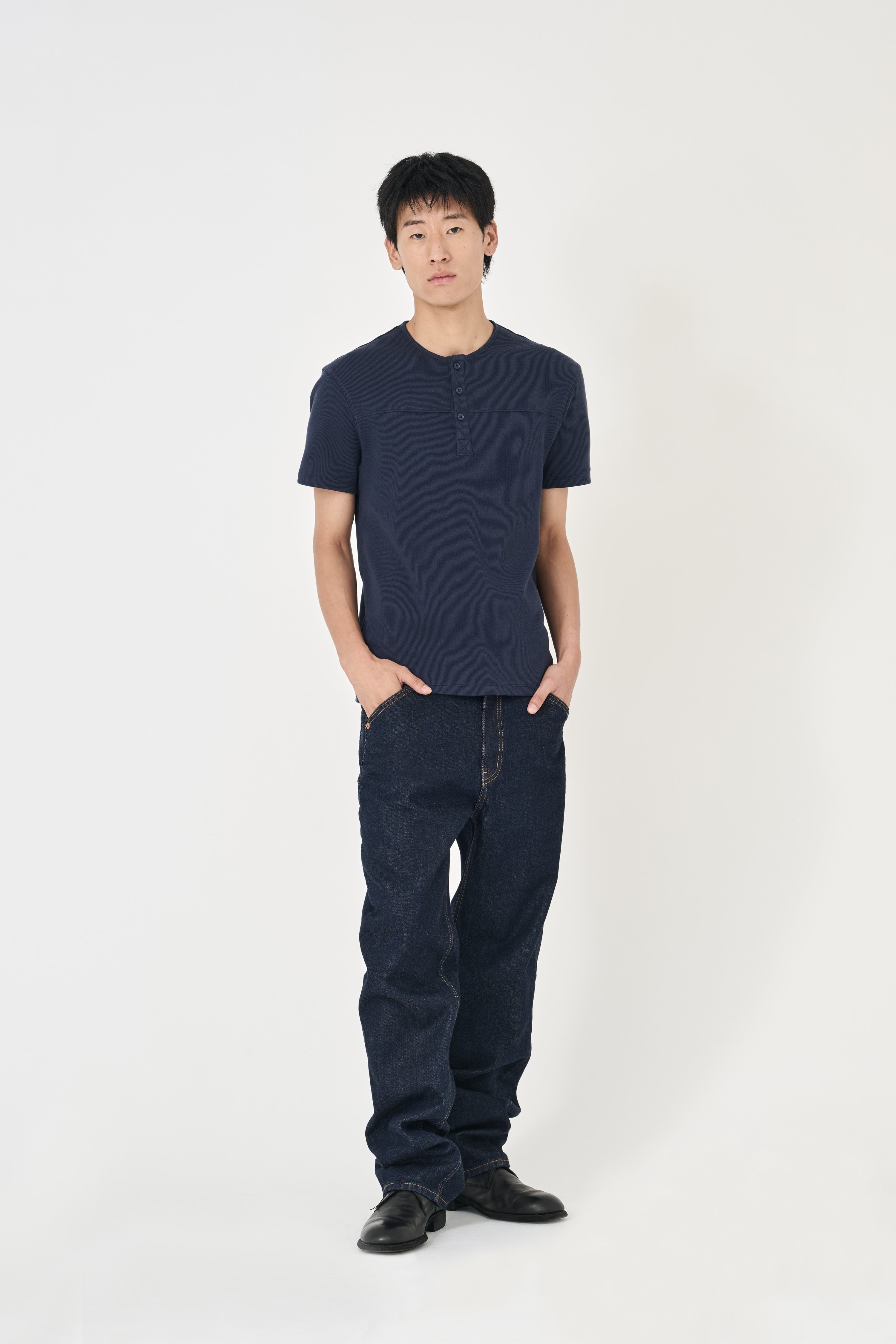 Fine Ribbed Henley T-Shirt - Navy