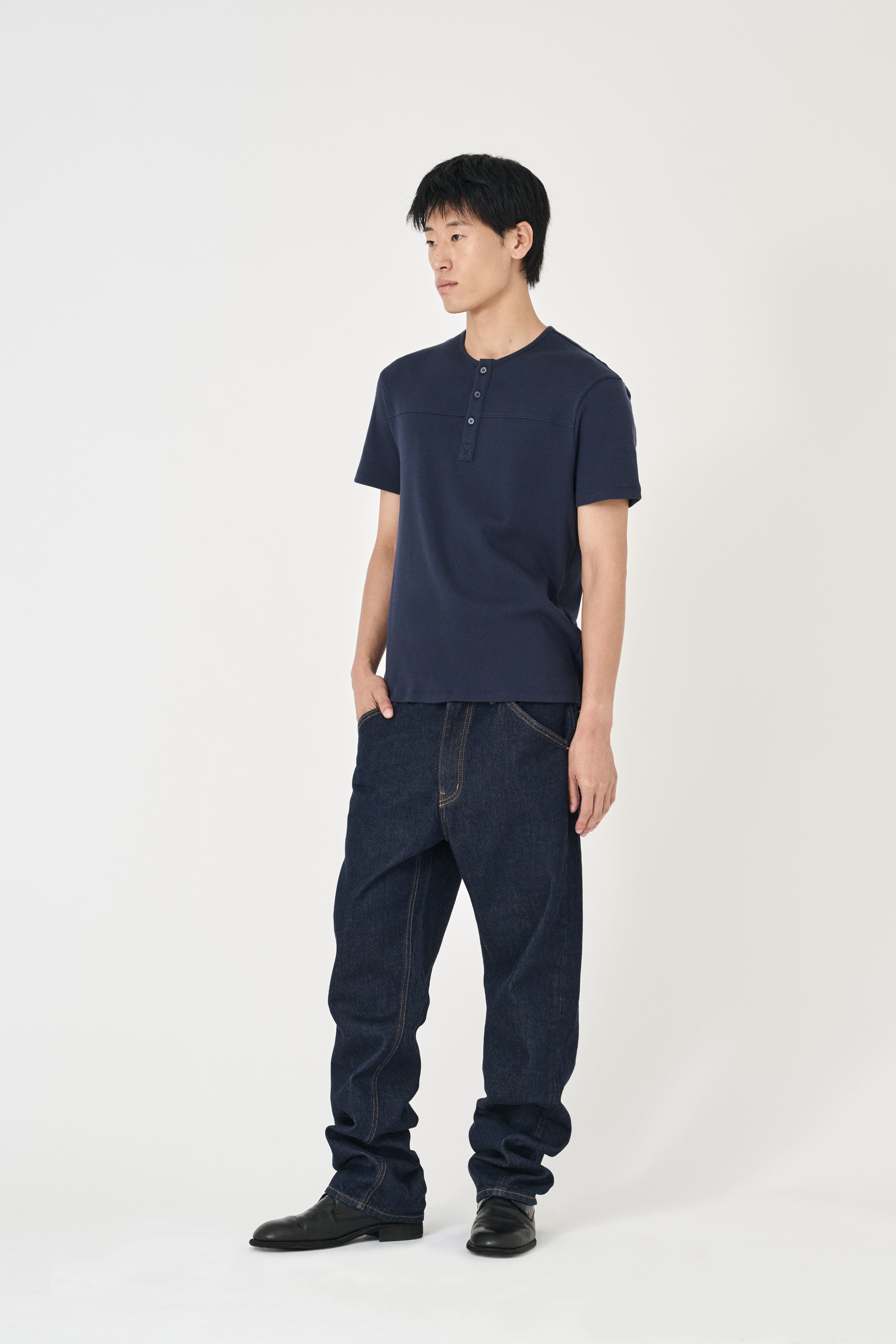 Fine Ribbed Henley T-Shirt - Navy
